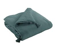 Edredon - Couverture - Dessus de lit - Bout de lit - avec 4 Pompons - Certifié Oeko-Tex - Gaze de Coton - 150 x 150 cm Gaia Coloris Bleu Canard