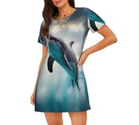 Edsffehs Chemise de nuit ample à manches courtes pour femme, motif dauphin qui vous regarde, confortable, respirante, Noir , S