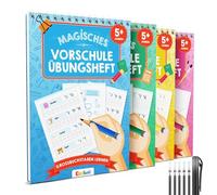 Edubini Cahiers d'exercices magiques préscolaires à partir de 5 garçons et filles - [4 cahiers + stylo] - Cahiers d'apprentissage réutilisables pour l'école maternelle - Apprentissage des lettres