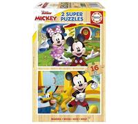 Educa - 2x16 Mickey & Minnie, 2 Puzzles de Bois écologiques résistants avec 16 pièces chacune, Double Amusement de départ, Mesure approximative: 26 x 18 cm, À partir de 3 Ans (19287)