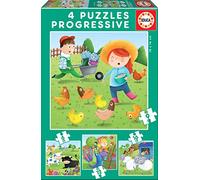Educa – Set de 4 puzzles progressifs Animaux de la Ferme – 6+9+12+16 pièces – Dès 3 ans (17145)