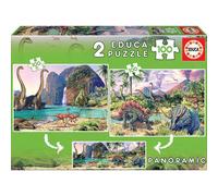 Educa - Puzzles Junior. Dino World. 2 Puzzles Enfant Panoramiques 100 pièces. +8 Ans (15620)