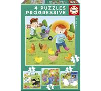 Educa – Set de 4 puzzles progressifs Animaux de la Ferme – 6+9+12+16 pièces – Dès 3 ans (17145)