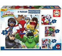 Educa - Spidey progressif et Ses Amis étonnants 12-16-20-25, 4 Puzzles en Carton progressif avec 12-16-20-25 pièces, Mesure approximative de Chaque Puzzle: 16 x 16 cm, À partir de 3 Ans (19295)