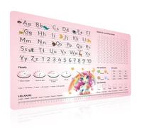 Éducatif Sous-main pour Enfant 40x60cm - Français - Thème Licorne - ABC avec Animaux - 1X1 - Formes - Heures - Tapis de Bureau Imperméable - Cuir PU Double Face effaçable facile à Nettoyer
