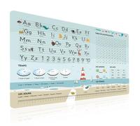 Éducatif Sous-main pour Enfant 40x60cm - Français - Thème Phare - ABC avec Animaux - 1X1 - Formes - Heures - Tapis de Bureau Imperméable - Cuir PU Double Face effaçable facile à Nettoyer