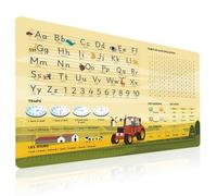 Éducatif Sous-main pour Enfant 40x60cm - Français - Thème Tracteur - ABC avec Animaux - 1X1 - Formes - Heures - Tapis de Bureau Imperméable - Cuir PU Double Face effaçable facile à Nettoyer