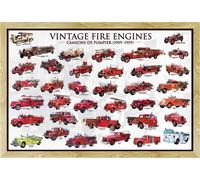 Educational - Éducation - Poster - Vintage Fire Engines Voitures de pompiers + cadre interchangeable, Shinsuke® Maxi MDF hêtre, vitre acrylique