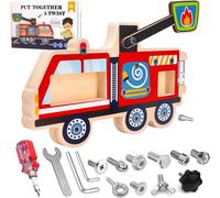 Educational Wooden Fire Truck Toy with Screwdriver and Wrench Montessori Activity for 3-5 Year Old Kids Building Game DIY Educational Gift for Children
