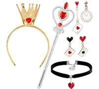 EduPlayte 5 Pièces Costume de Reine de Coeur Inclus couronne dorée Cœur Baguette Collier ras du cou Boucles d'Oreilles Dress Up Accessoires de Filles pour Carnaval Halloween Cosplay
