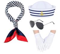 EduPlayte Costume de Capitaine De Yacht, 4 Pcs Accessoires de Costume De Marin, Bleu Avec éCharpe de Chapeau de Marinblanc, Lunettes de Soleil, Gant Blanc, Cosplay, ThèMes Nautiques