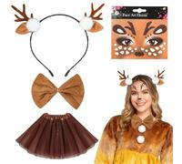 EduPlayte Costume d'élan 4 pièces - Peinture sur le visage, oreilles, bandeau, gants, queue, tutu, nez, nœud papillon, accessoires de déguisement pour enfants et adultes, fête sur le thème des animaux