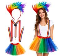 EduPlayte Ensemble Jupe en Tulle Arc-en-Ciel avec Bretelles, Costume de Carnaval pour Femmes - Tutu avec Bandeau à Plumes pour Les fêtes de Carnaval et Les soirées à thème