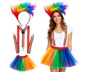 EduPlayte Ensemble Jupe en Tulle Arc-en-Ciel avec Bretelles, Costume de Carnaval pour Femmes - Tutu avec Bandeau à Plumes pour Les fêtes de Carnaval et Les soirées à thème
