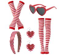 EduPlayte Set d'Accessoires de Fête à Rayures Rouge et Blanc pour Femme & Enfant - Ensemble Costume Carnaval avec Gants, Chaussettes, Bandeau, Lunettes Cœur & Boucles d'Oreilles
