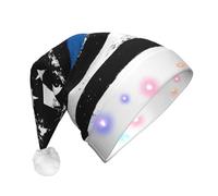 EdWal Bonnet de Noël rétro bleu fin avec imprimé drapeau des États-Unis, chapeaux de Noël lumineux, chapeaux tricotés avec lumières LED, chapeau de Père Noël d'hiver unisexe