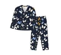 EdWal Ensemble de pyjama à imprimé fleurs blanches avec papillons bleus pour femme Ensemble pyjama tendance à manches longues et bas pleine longueur, Noir , XL