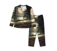 EdWal Ensemble de pyjama à imprimé plage tropicale palmier avec pleine lune et nuit étoilée pour femme Ensemble pyjama tendance à manches longues et bas pleine longueur, Noir , M