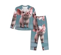 EdWal Ensemble de pyjama imprimé cochon de dessin animé pour femme Ensemble pyjama tendance à manches longues et bas pleine longueur, Noir , S