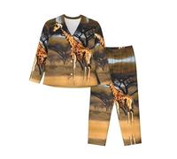 EdWal Ensemble de pyjama imprimé girafe africaine arbre majestueux pour femme Ensemble pyjama tendance à manches longues et bas pleine longueur, Noir , M