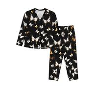 EdWal Ensemble de pyjama imprimé papillons blancs dorés et noirs pour femme Ensemble pyjama tendance à manches longues et bas pleine longueur, Noir , XXL