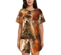 EdWal Ensemble de pyjama pour femme avec imprimé renard mignon et doux, pyjama à manches courtes et short, Noir , M