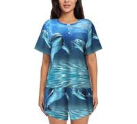 EdWal Ensemble de pyjama pour femme imprimé dauphins dans la mer Ensemble de vêtements de détente doux pyjama à manches courtes et short, Noir , XL