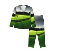 EdWal Ensemble de pyjama vert imprimé parcours de golf pour femmes Ensemble pyjama tendance à manches longues et bas pleine longueur, Noir , XL