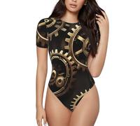 EdWal Justaucorps ajusté à imprimé engrenages steampunk cool pour femme, col rond, manches courtes, hauts basiques avec entrejambe à boutons-pression, Noir , S