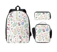 EdWal Lot de 3 sacs à dos à imprimé fleurs, lapins, oiseaux avec trousse à déjeuner, trousse à crayons, sac à livres léger pour l'école intermédiaire, Noir , Taille unique