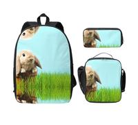 EdWal Lot de 3 sacs à dos à imprimé lapin sur herbe verte avec trousse à déjeuner, sac à livres léger pour l'école intermédiaire, Noir , Taille unique