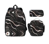 EdWal Lot de 3 sacs à dos à imprimé marbre noir rose doré avec trousse à déjeuner, sac à livres léger pour collège, Noir , Taille unique