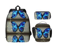 EdWal Lot de 3 sacs à dos à imprimé papillon bleu avec trousse à crayons et sac à dos léger pour collège, Noir , Taille unique