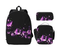 EdWal Lot de 3 sacs à dos à imprimé papillon violet avec trousse à crayons et sac à dos léger pour collège, Noir , Taille unique