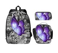 EdWal Lot de 3 sacs à dos à imprimé papillon violet avec trousse à crayons et sac à dos léger pour collège, Noir , Taille unique