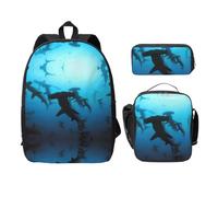 EdWal Lot de 3 sacs à dos à imprimé requins marteaux avec trousse à déjeuner, trousse à crayons, sac à livres léger pour l'école intermédiaire, Noir , Taille unique
