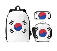 EdWal Lot de 3 sacs à dos avec sac à déjeuner et trousse à crayons avec imprimé drapeau de la République de Corée, sac à livres léger pour collège, Noir , Taille unique