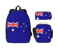 EdWal Lot de 3 sacs à dos avec trousse à déjeuner et trousse à crayons avec imprimé drapeau australien, sac à livres léger pour collège, Noir , Taille unique