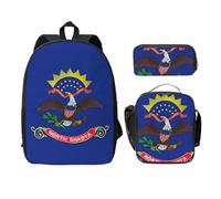 EdWal Lot de 3 sacs à dos légers avec sac à déjeuner et trousse à crayons pour l'école intermédiaire Motif drapeau de l'État du Dakota du Nord, Noir , Taille unique