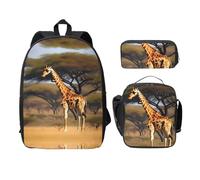 EdWal Lot de 3 sacs à dos légers avec trousse à déjeuner et trousse à crayons Motif girafe d'Afrique majestueux, Noir , Taille unique