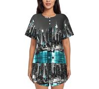 EdWal New York Peintures Imprimés Ensembles de pyjama pour femmes Ensemble de vêtements de détente Doux Vêtements de détente Pyjama à manches courtes et short, Noir , L
