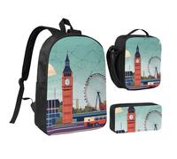 EdWal Sac à dos d'école, 3 pièces, imprimé I Love London, avec boîte à déjeuner et trousse à crayons, sac à livres léger