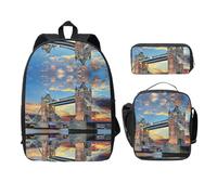 EdWal Tower Bridge in London - Lot de 3 sacs à dos avec trousse à déjeuner, trousse à crayons, sac à livres léger pour école intermédiaire, Noir , Taille unique