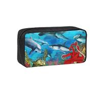 EdWal Trousse à crayons de grande capacité avec fermeture éclair - Motif dauphins, tortue de mer, requin, pieuvre, récif de corail