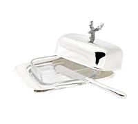EDZARD Beurrier en forme de cerf (13 x 18 cm, hauteur 8 cm), finition argentée brillante, avec bol en verre, couteau à beurre, pour 250 g de beurre, bol de service élégant, décoration de table cerf