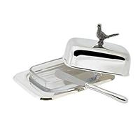 Edzard Boîte à Beurre Fasan pour 250 grammes de Beurre, 13 x 18 cm, Hauteur 9 cm, argenté Noble, Poli Brillant, avec Fentes en Verre, y Compris Couteau à Beurre Assorti