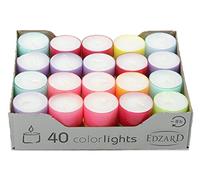 EDZARD Colorlights Summer - Lot de 40 bougies chauffe-plat, sans parfum, coque en plastique transparent (différentes couleurs estivales) durée de combustion 8 heures