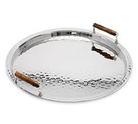 EDZARD Plateau de Service Hugo en Acier Inoxydable avec poignées en Bambou, Rond, diamètre 55 cm