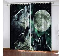 EEetwa 3D Rideau Salon Occultant Loup Animal De Pleine Lune 264X160Cm Rideaux Occultants Thermiques Pour Chambre/Salon Tringles, Isolant Thermique, Phonique Et Energie Efficient, Lot De 2 Panneaux