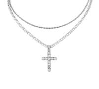 EEJBYTDI Collier double croix, pendentif croix superposé pour femme, pendentif croix chrétienne en acier inoxydable, collier croix pavé en zircon (silver)